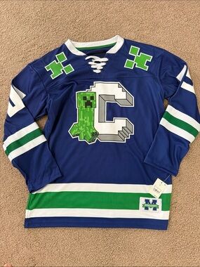 Minecraft Creeper Hockey Jersey - Blue & Green, Sz Youth XL